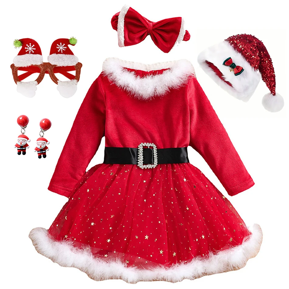 Christmas Star Mesh Long Sleeved Princess Dress Girls Xmas Carnival Party Frock Children Red Festival Performance Costume 12M-6Y