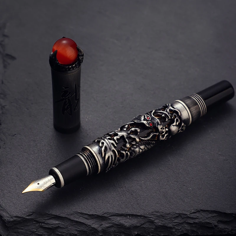 Jinhao Ancient Gray Dragon King Embossing Brilliant Fountain Pen Medium Nib Professional Office Stationery Accessory