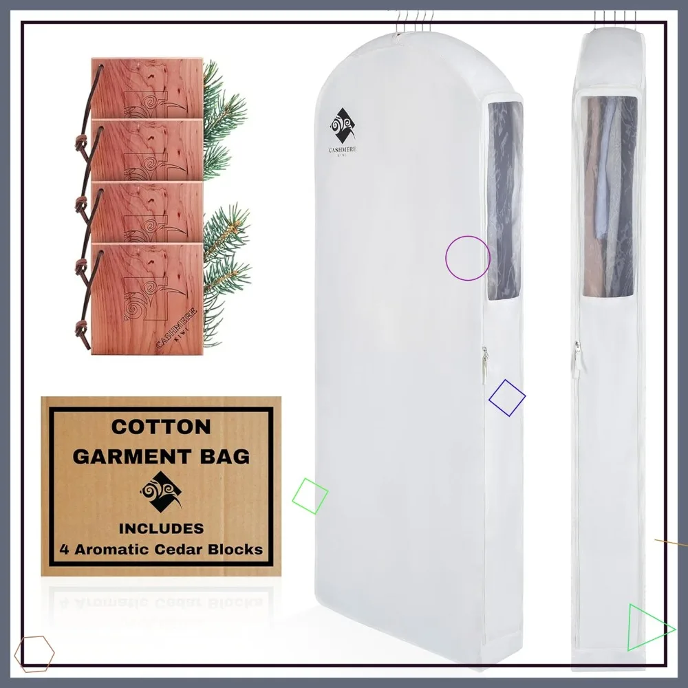 

Premium 60-Inch Cotton Garment Bag with Wide Gusset and Cedar Blocks for Clothes Protection, Ideal for Coats and Dresses