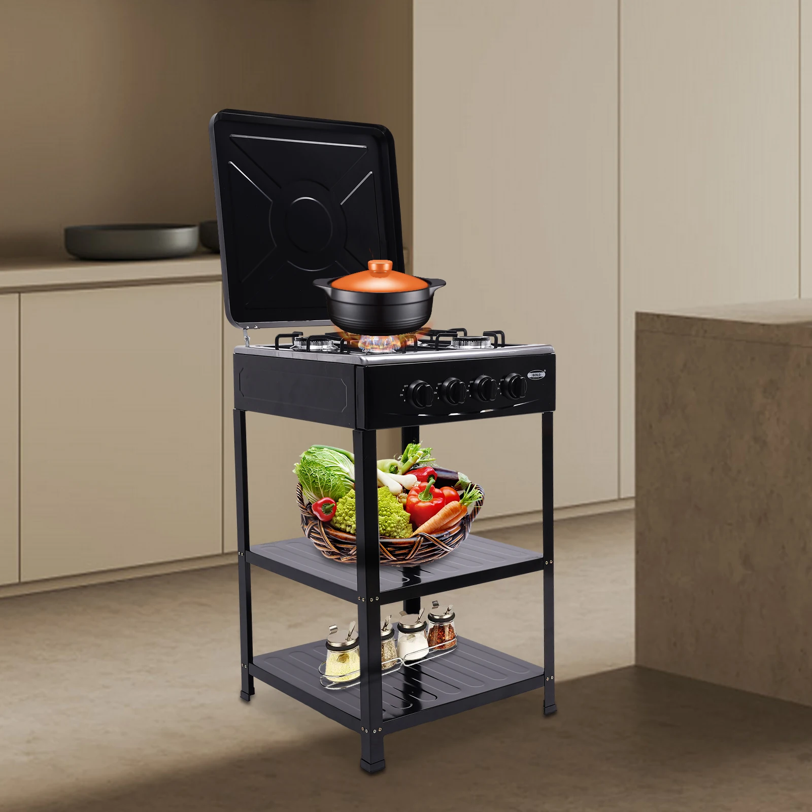 

4 Burner Gas Stove Portable Outdoor Stove Wind Blocking Cover ， with 2 Storage Shelves for RV, Outdoor Cooking