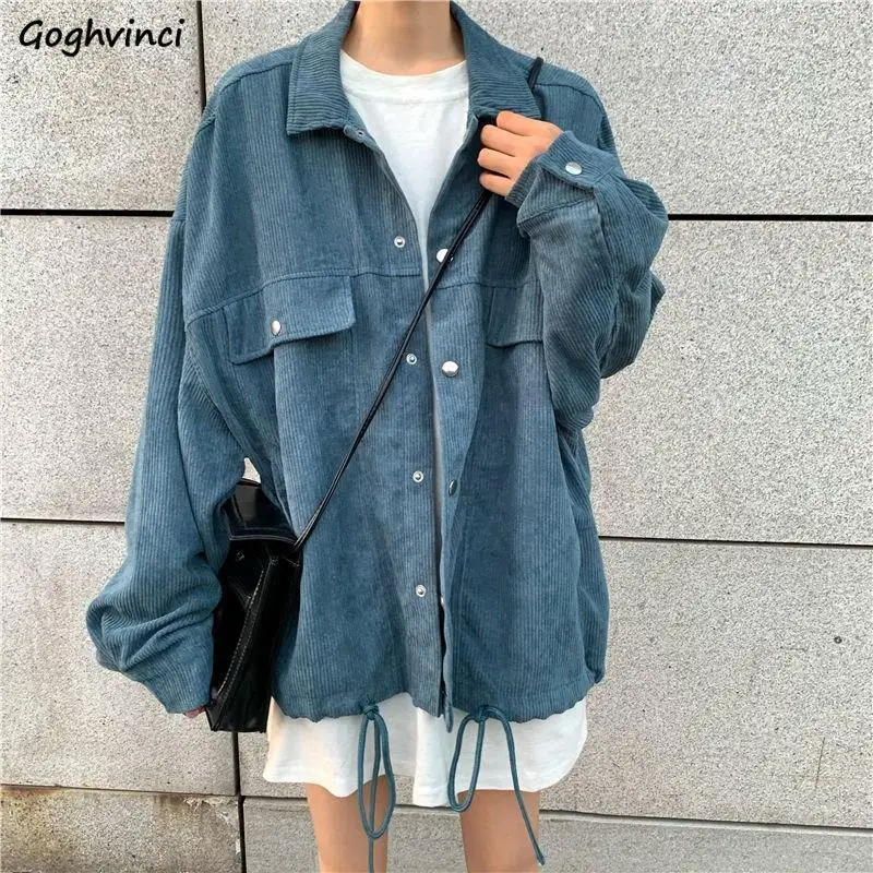 

Corduroy Jackets Women Drawstring Button Up Vintage Outwear Hip-pop BF Couples Simple Baggy Overcoats Spring Clothes All-match