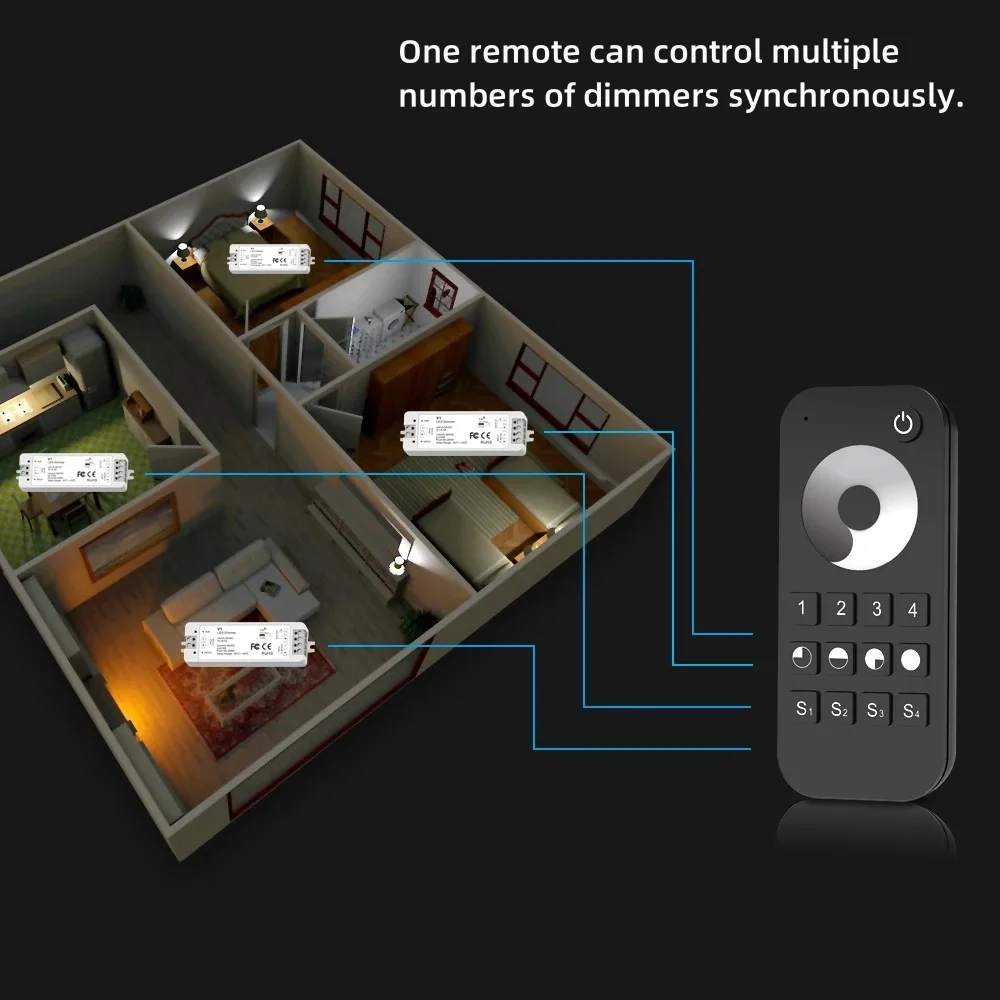 V1 LED Dimmer 5V 12V 24V 36V LED Controller 1 to 8 Zone 2.4G Wireless Remote RT1 RT6 RT8 R1 R6 R11 for Single Color LED Strip