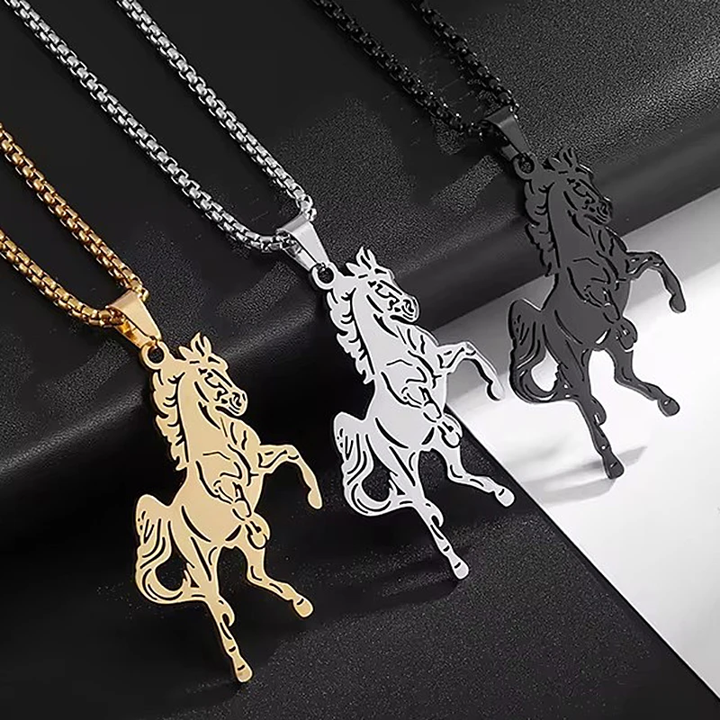 الجوف التدريجي تشغيل الحصان قلادة قلادة للرجال موضة الذهب اللون الفولاذ المقاوم للصدأ الحيوان الهبي الهيب هوب روك مجوهرات الصبي هدية #1