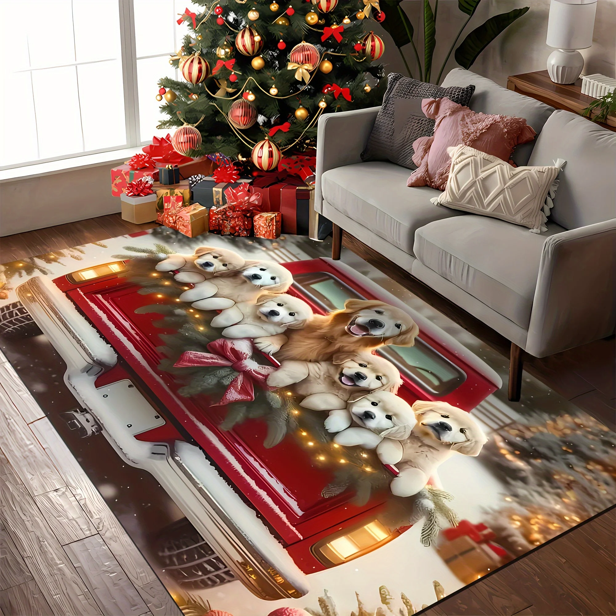 Christmas Golden Retriever Rug Cute Puppy Red Truck Area Carpet Living Room Bedroom Soft Floor Mat Xmas Home Decor