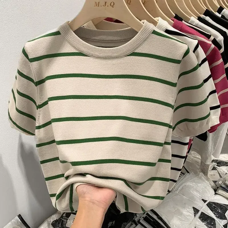 White Striped Short Sleeved T-shirt for Women Fashion LOOSE T-shirts Casual Simple Versatile Knitted Top Women 2024 Summer New