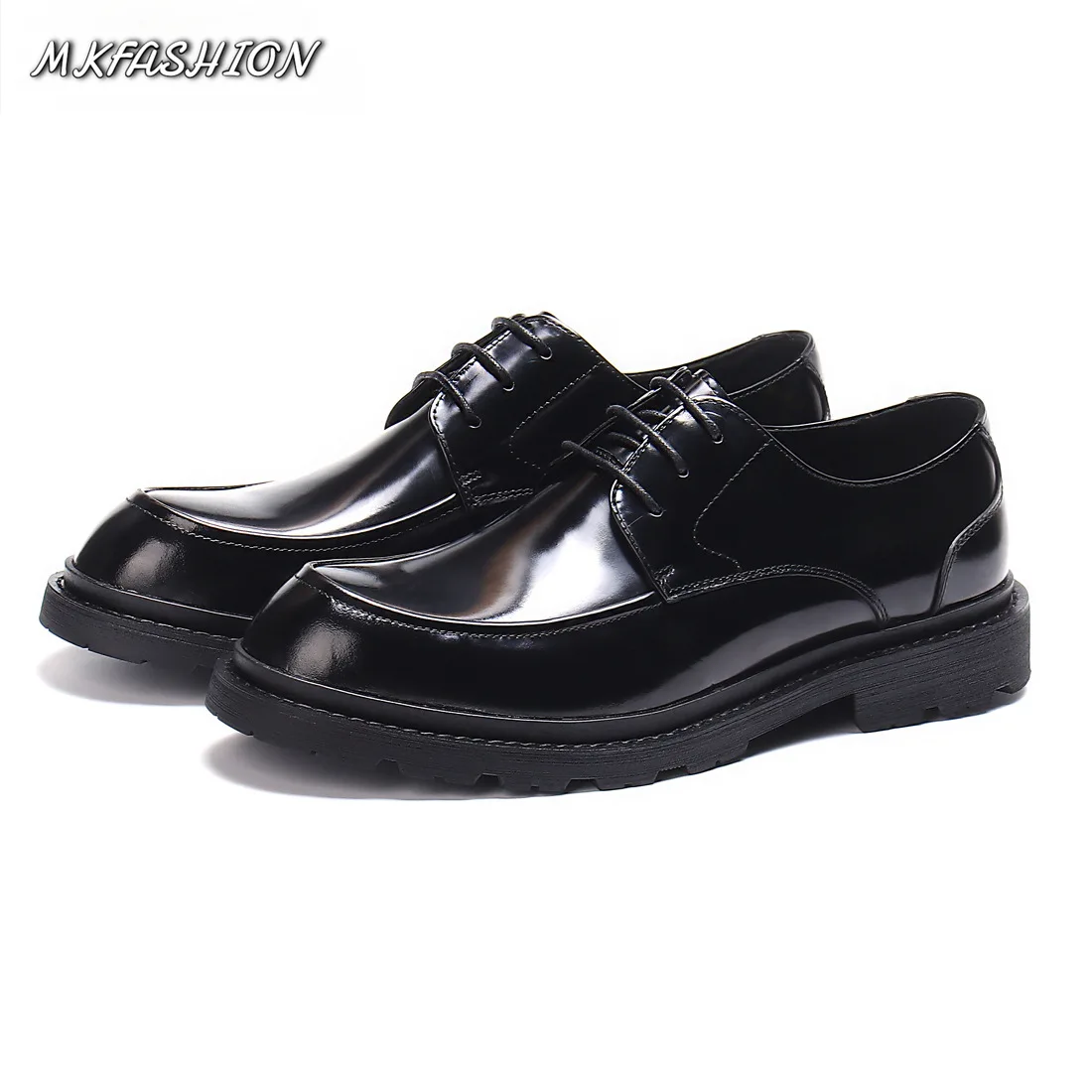 Fashion Men's Patent Leather Business Shoes Lace Up Round Toe Thick Sole Flats Casual Footwear
