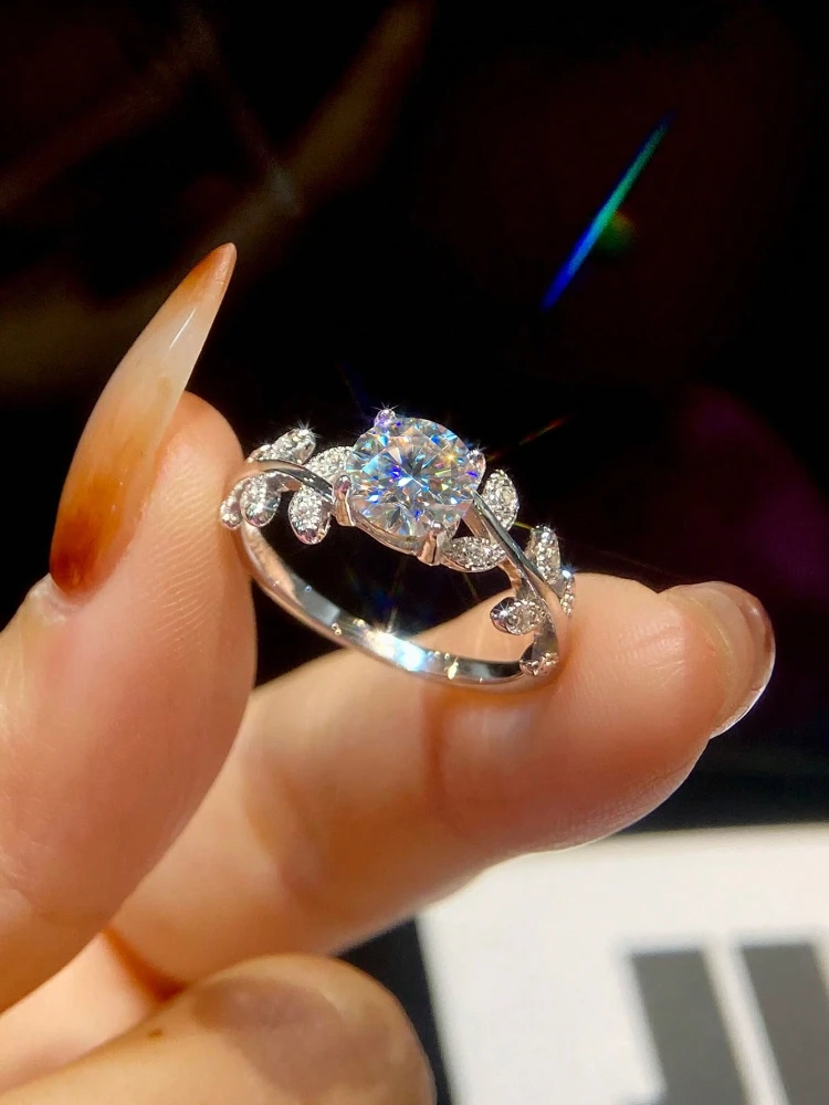 Personalized 1CT Real Moissanite Diamond Leaf Round Ring for Women's Daily Anniversary 925 Sterling Silver Fine Jewelry