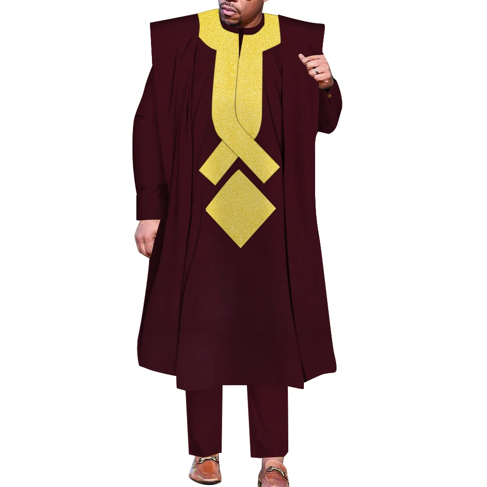 African Men Boubou Dashiki Agbada Robe Suits 3 Piece Sets Slim Men African Outfit Nigerian Clothes Bazin Riche Robe WYN1361