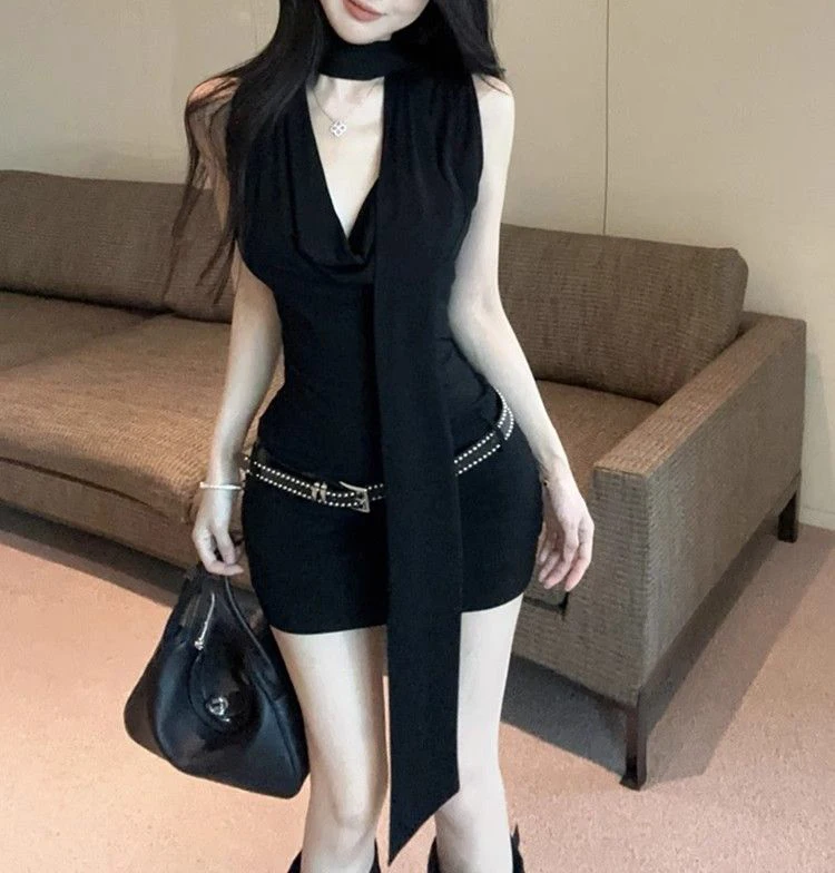 American Sexy Solid Color Camisole Sleeveless Slim Fitting Fashion Deep V Neck Off Shoulder Spicy Girl Basics Corset Mini Dress