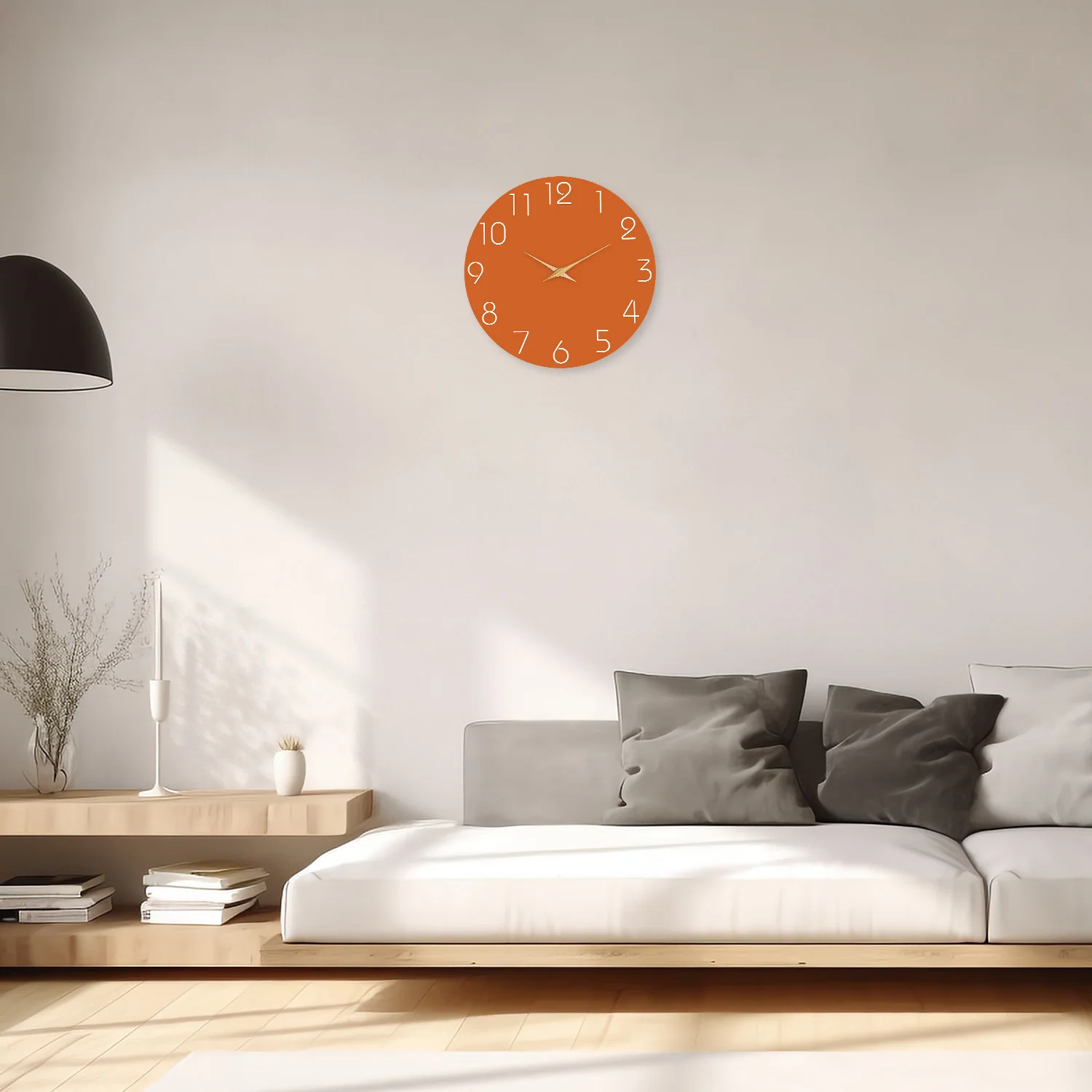 Modern Simple Orange Background Pattern Wooden Wall Clock Living Room Bedroom Kitchen Home Decoration Wall Clock Silent Quartz Clock Holiday Gift