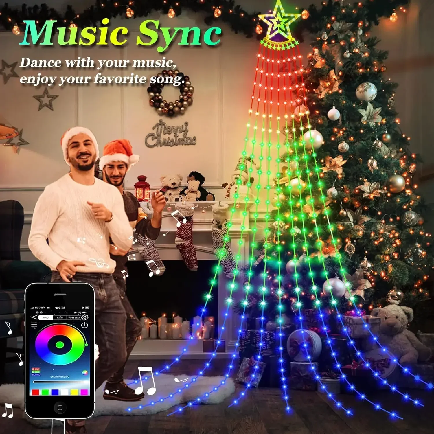 Christmas Decorations, RGB Waterfall LED String Lights with Star, APP Remote Control, Music Sync New Year Decor Fairy Lights