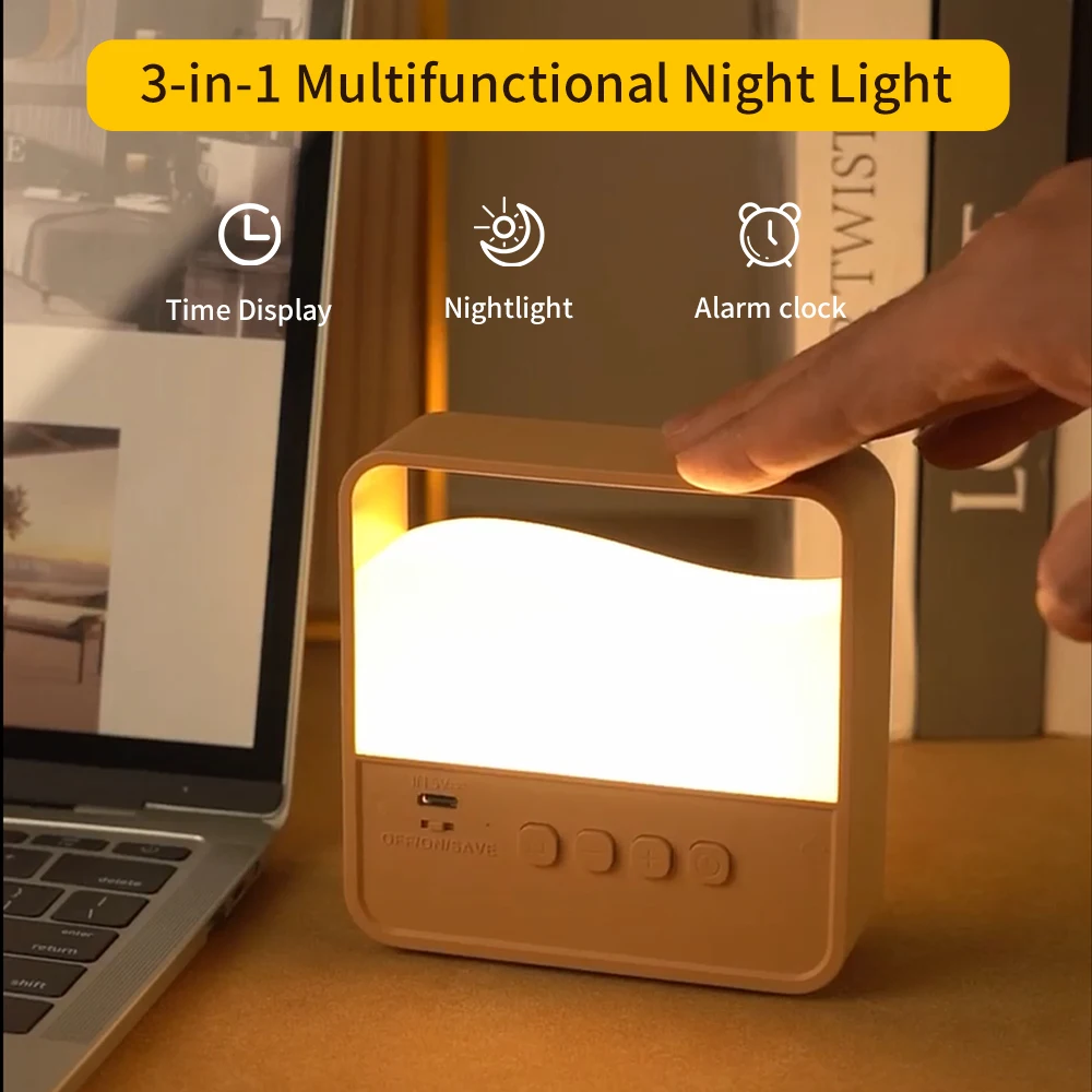 Portable LED Night Light Dimmable Bedside Lamps Alarm Clock Rechargeable Wake Up Light Bedroom Table Lamp Baby Nursery Reading
