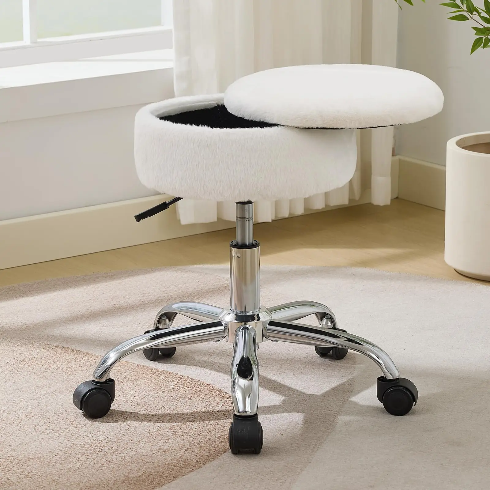 

White Faux Fur Swivel Stool With Adjustable Height, Rolling Wheels, And Hidden Storage Compartment