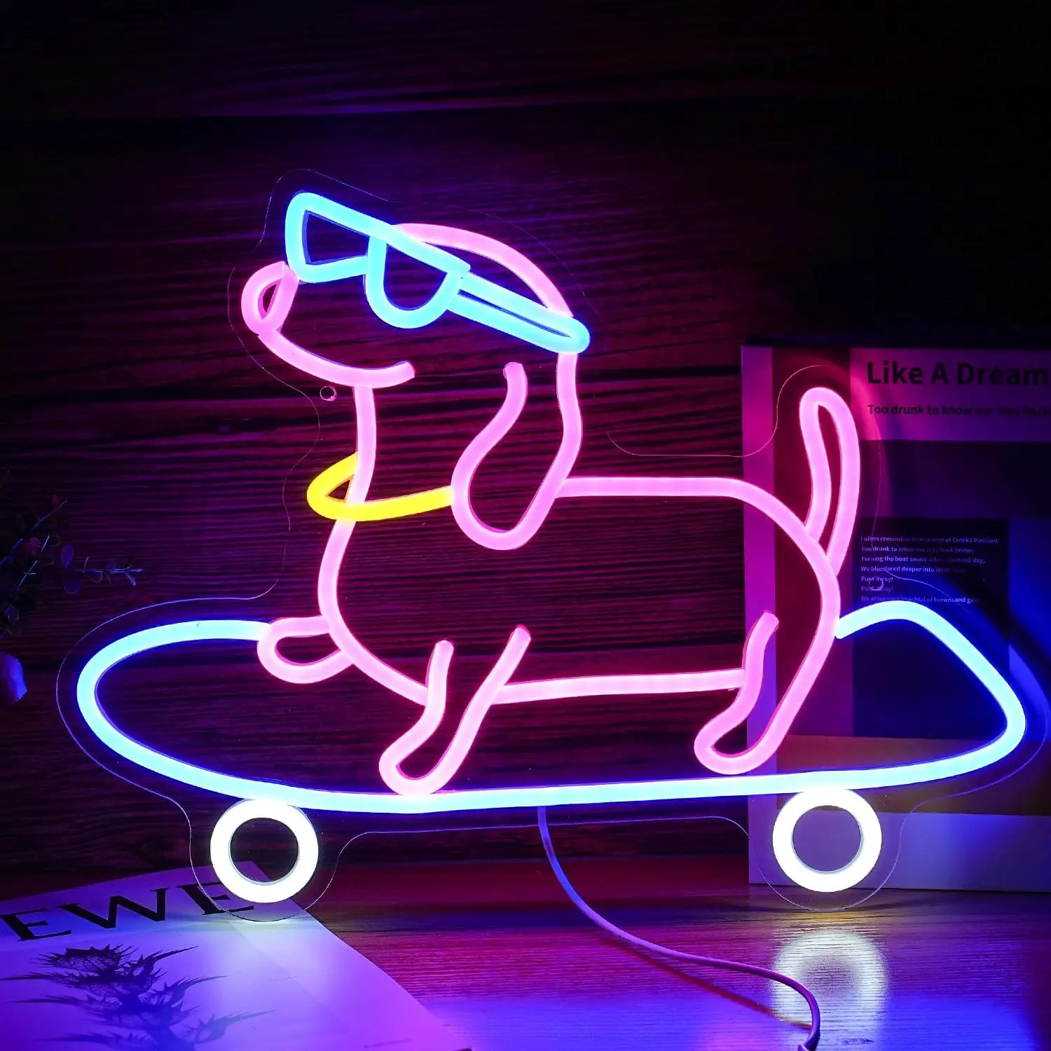USB Dimmable Cute Dachshund on Skateboard Neon Sign LED Light for Kids Bedroom Game Room Bar Decor Wall Art Pet Lover Gift