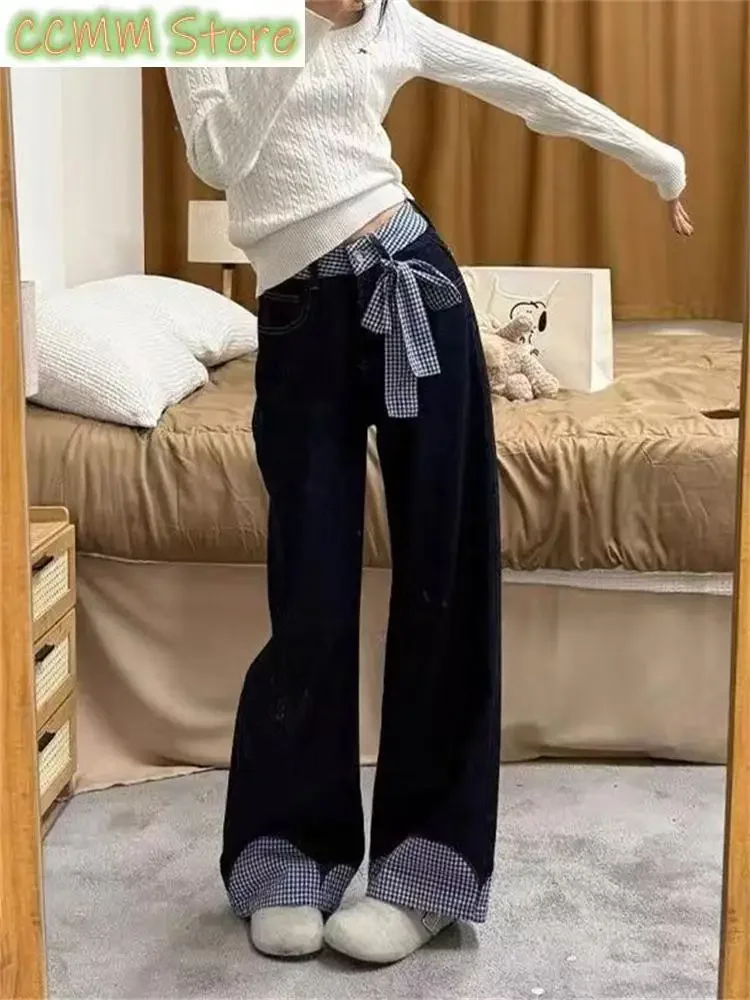 

Women's Bow Checkered Spliced Blue Denim Trousers Summer Cool Girl Pant Vintage Bottoms Female High Waist Wide-leg Jeans