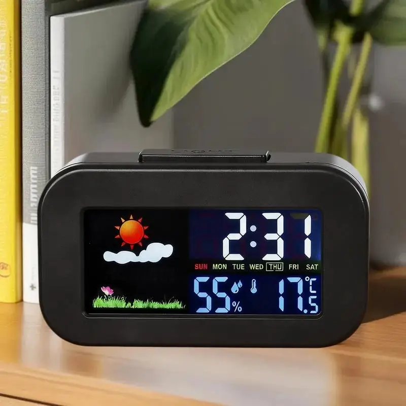 Intelligent Weather Station Clock With Color Display - Temp & Humidity Monitor Backlit For Kids & Teens Bedroom/Dorm Desk