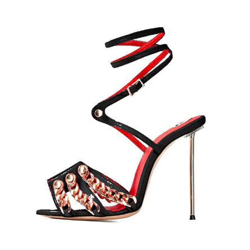 Drop Shipping Black Pink Red Leather Gold Metal Chain Nail Cross Strap Pin Thin Heels Slingback Summer Sandals Women Shoes