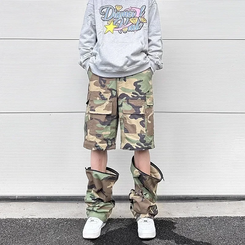 Y2k Knee Detachable Multi-pockets Camouflage Cargo Pants Mens Streetwear Patchwork Baggy Overall Ropa Hombre Oversized Trousers