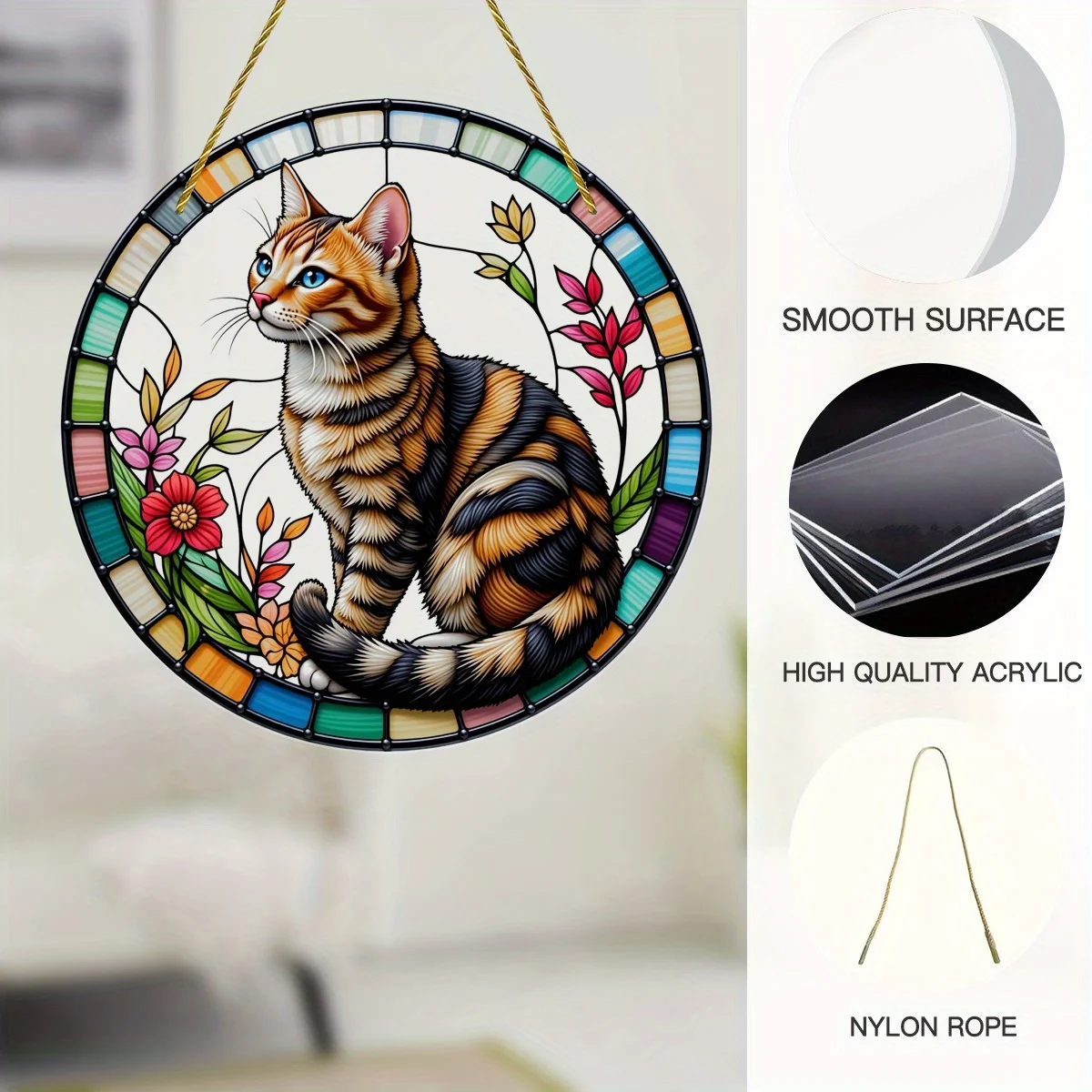 Acrylic Painting Stained Glass Style Tabby Cat with Flowers and Sunset Sea View Window Hanging Suncatcher, 2D Flat Acrylic Panel