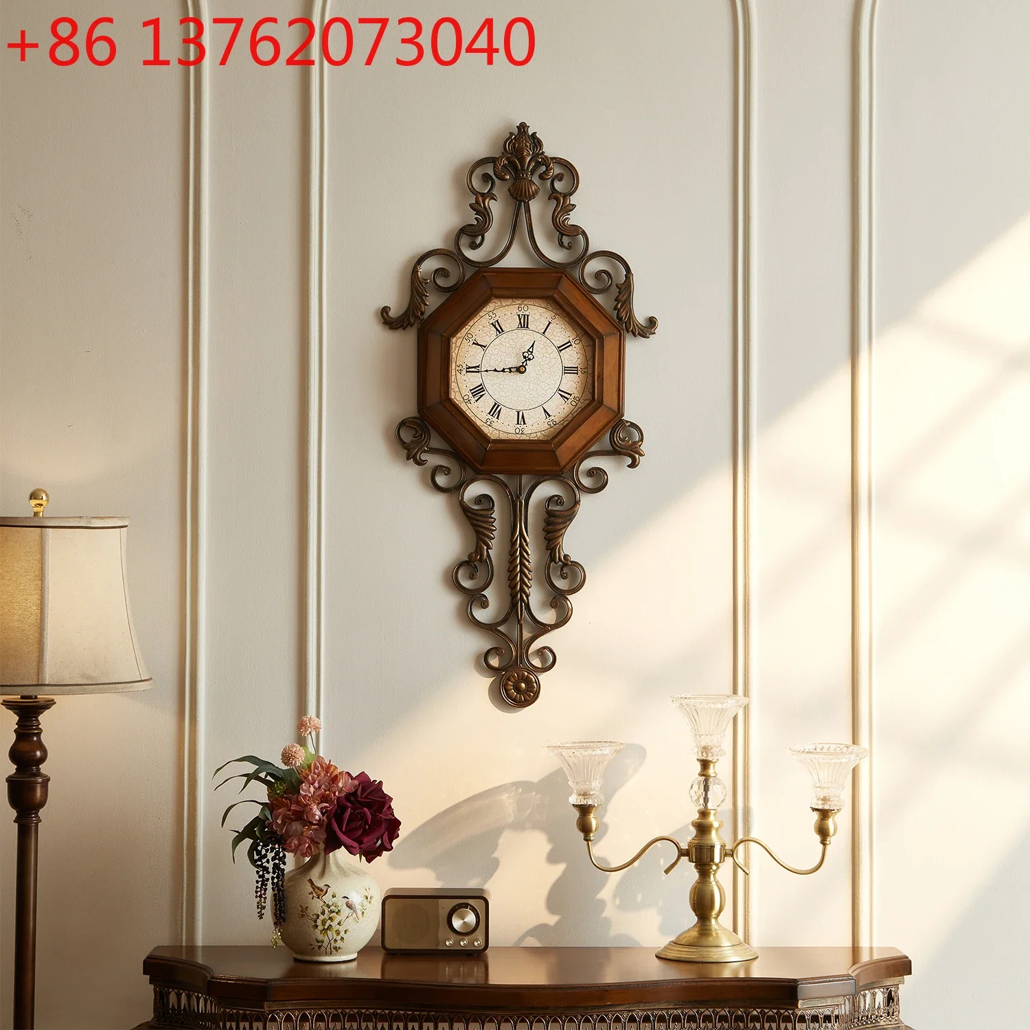 Solid wood retro American wall clock creative clock wrought iron home decoration
