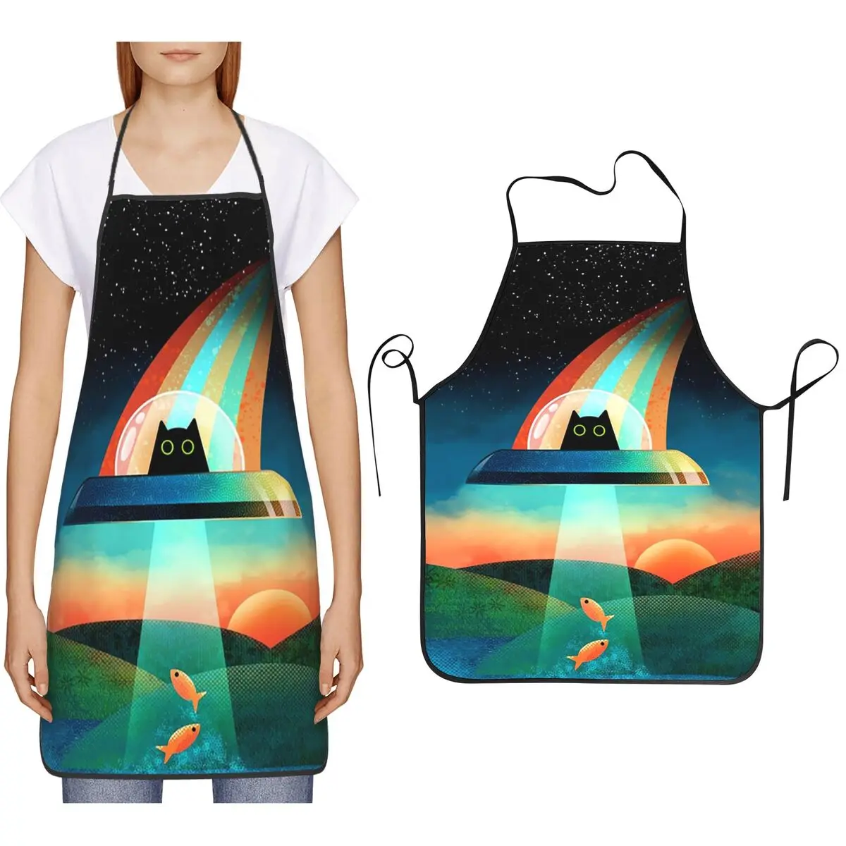 The Purrfect Alien Black Cat Apron Chef Cooking Baking Tablier Bib Kitchen Cleaning Pinafore for Women Men Gardening