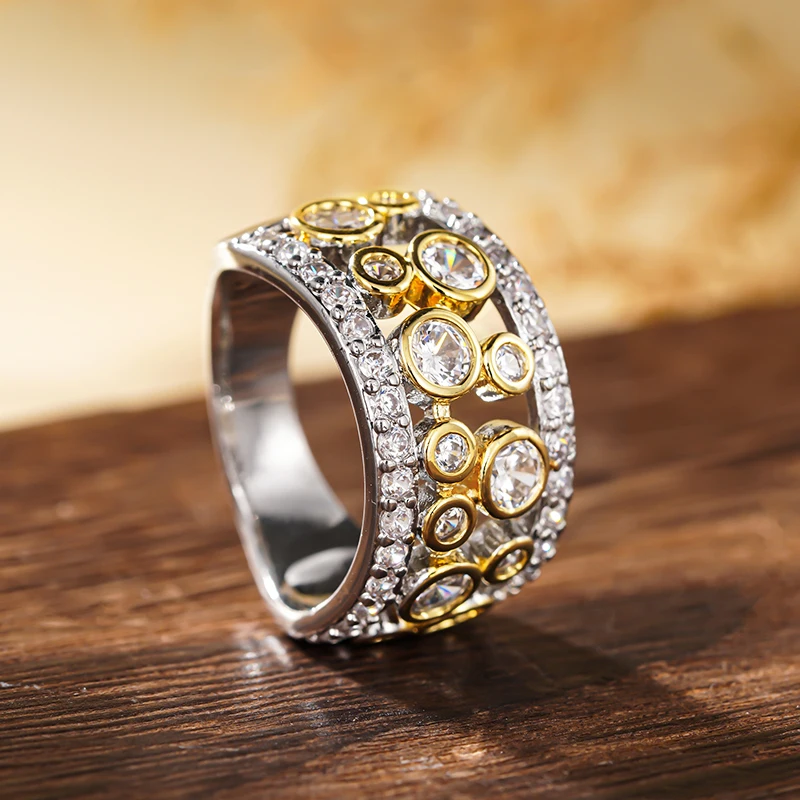 Huitan Women Ring Hollow Design Fashion Luxury Party Two Tone Accessories Wedding Charming Noble Jewelry Inlaid Sparkling CZ