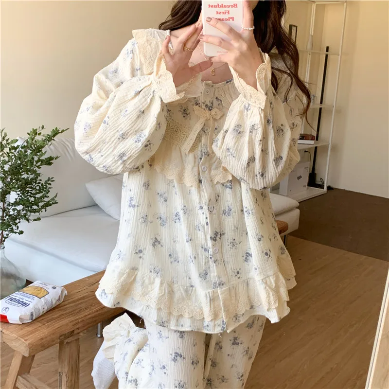 Korean Pajama For Women Loose Sweet Lace Princess Style Soft Cotton Pajamas Skin-friendly Casual Homewear 2 Pieces Set D710