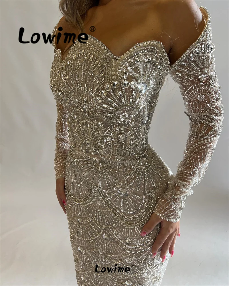 Lowime Robe Beaded Arabic Evening Dress Gorgeous Off Shoulder Mermaid Wedding Party Dresses Sparkly Crystal Prom Gowns Customize