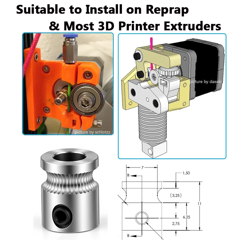 1PC MK8 Drive Gear for 1.75mm 3mm Filament 3D Printer Reprap Extruder Pulley 5mm Shaft