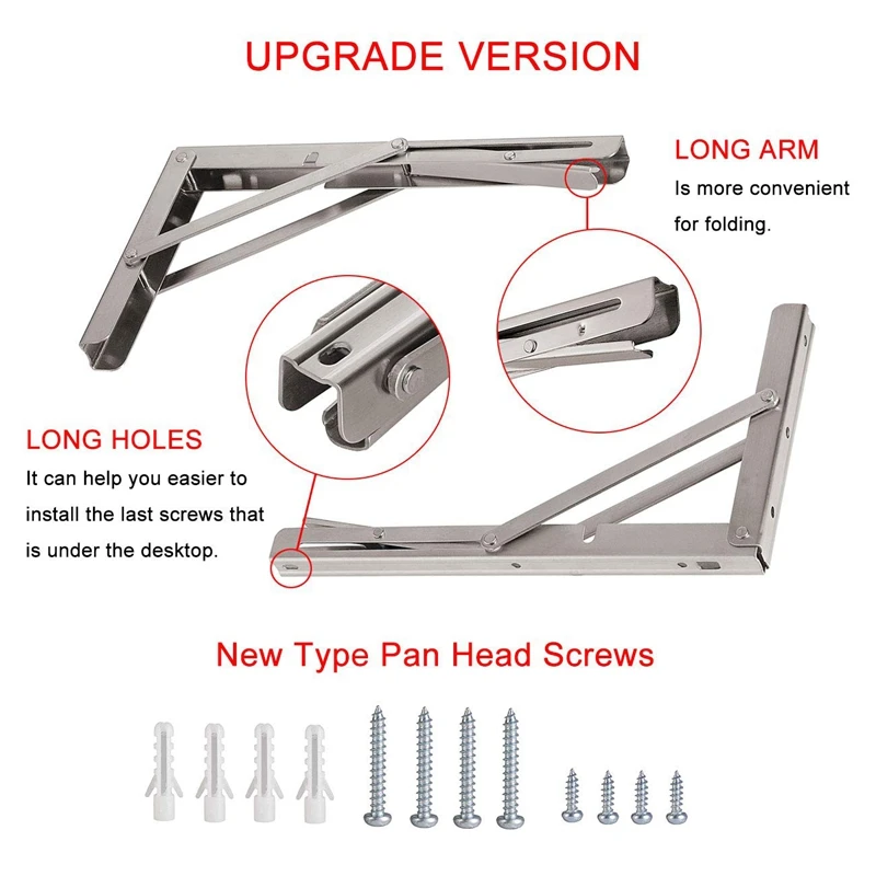 Aço inoxidável Folding Prateleira Suportes, Heavy Duty, dobrável, Mesa Banco de Trabalho, Economia de Espaço, DI, 12 Polegada, 2 Pack