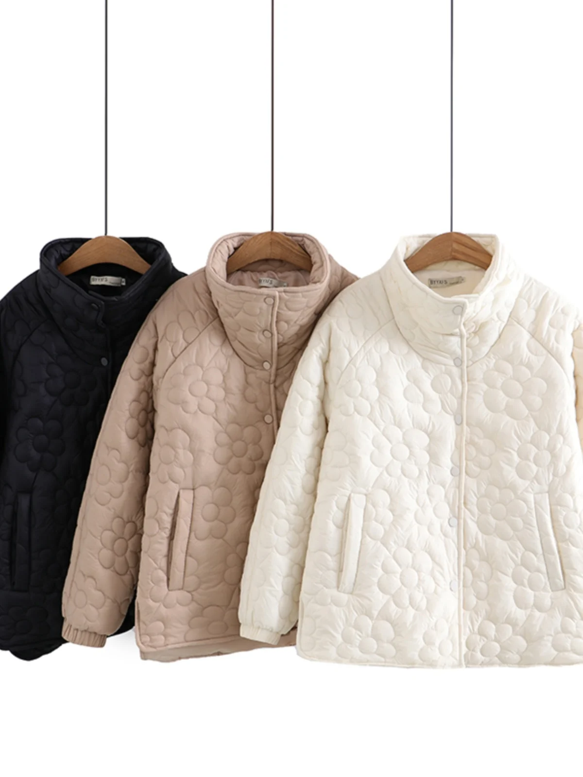 

Winter Women's Cotton Jacket Large Size Loose Stand Collar Flower Embossed Warm Top Korean Style Long Sleeve Regular Length