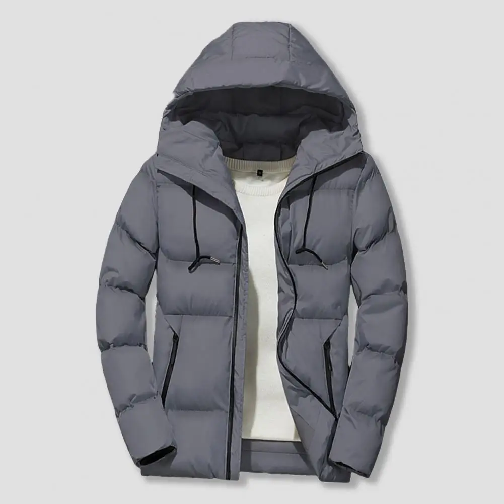 Winter Men Parkas Padded Jacket Long Sleeve All Match Solid Color Zipper Hood Jacket Coat Men Streetwear