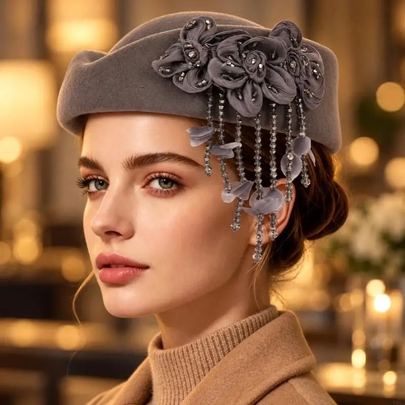 Pillbox-Style Statement Hat with Layered Fabric Flowers, Hanging Faceted Strands, Structured Upturned Painter's Hat Y08E