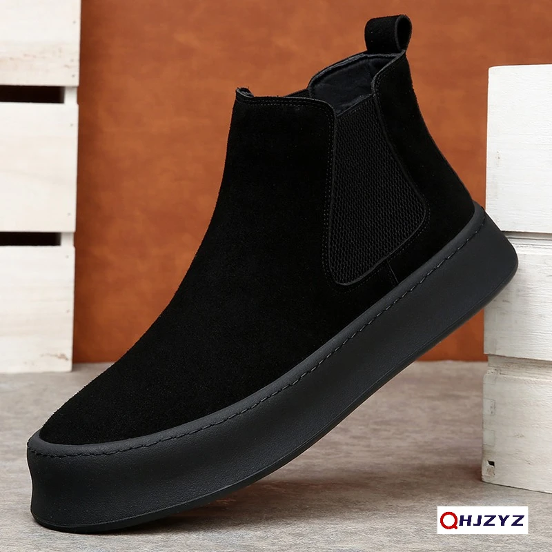 Suede Leather Men Chelsea Boots Fashion Comfortable Ankle Boots Leisure Walk Man High Top Shoes Versatile Business Walking Shoes