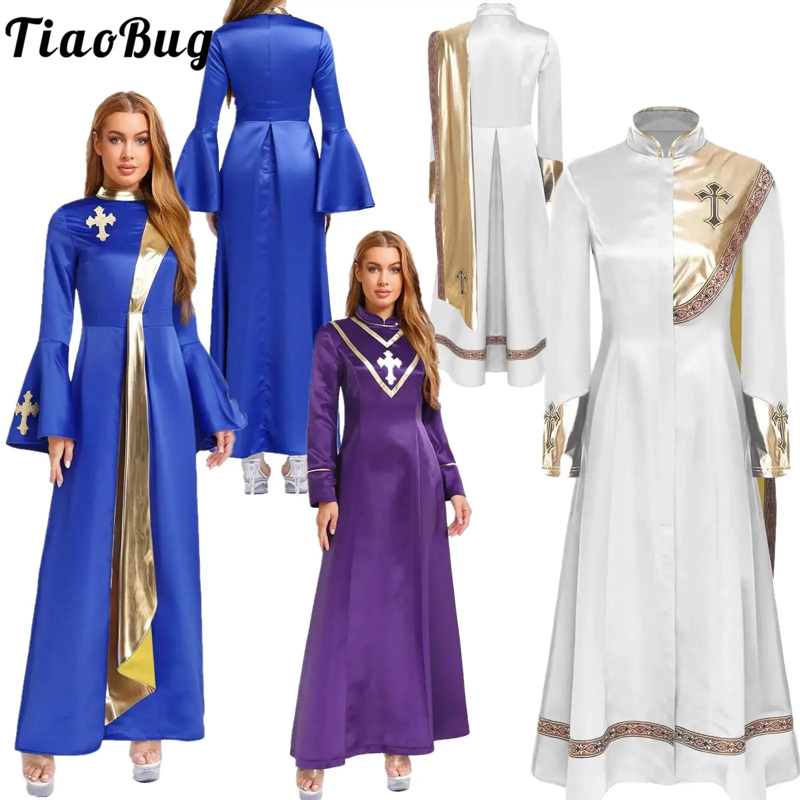 

Women Festival Church Priest Preachers Robe Cross Embroidery Long Dress Cassock Worship Liturgical Halloween Cosplay Costumes