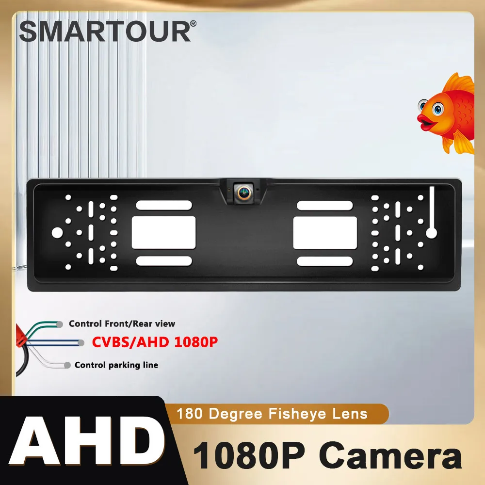 

SMARTOUR 180 Degree 1920x1080P AHD 4K EU European Car Rear View Number License Plate Frame Camera Fisheye Night Vision