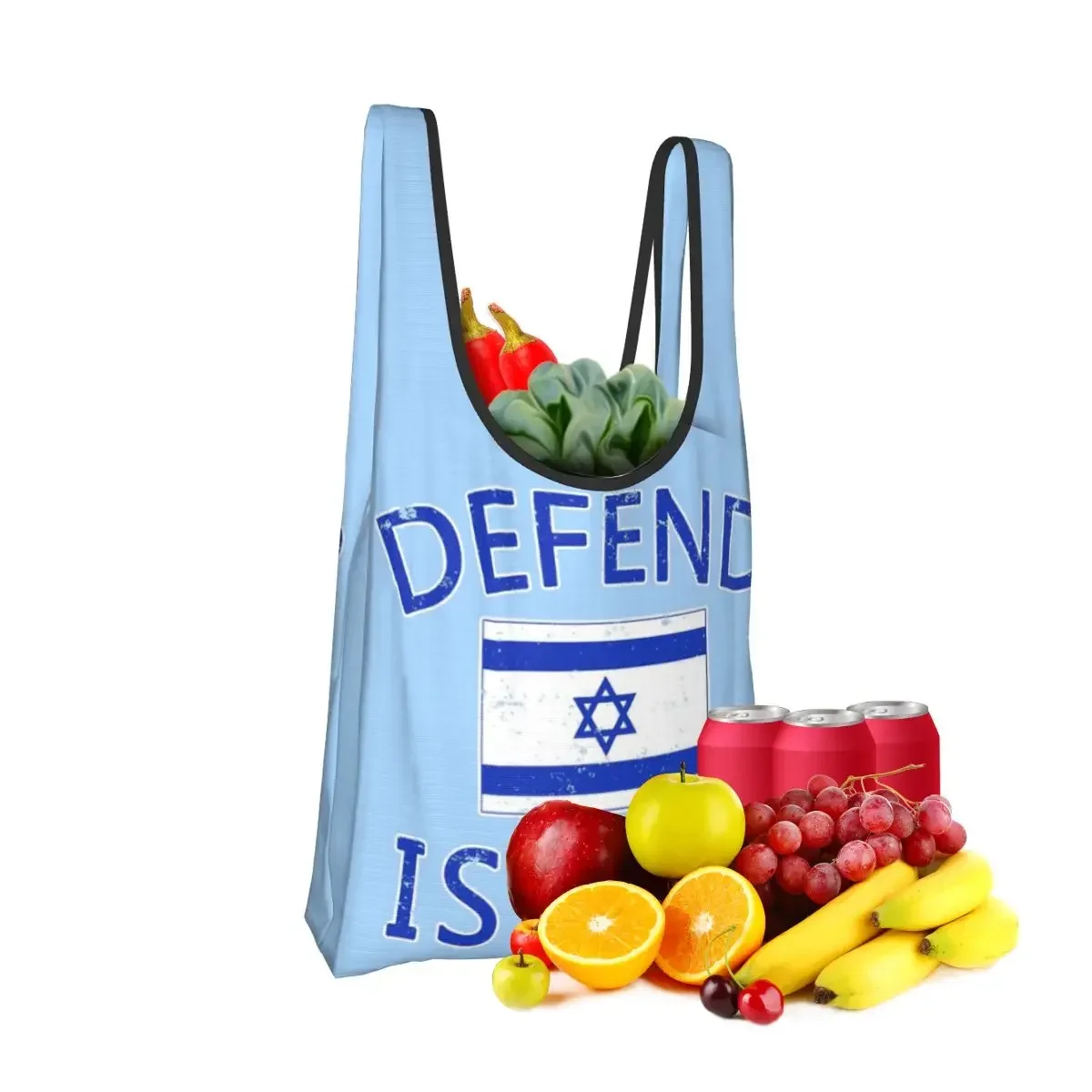 Defend Israel With Israeli Flag Lightly Distressed Portable Tote Reusable Shopper Bag Groceries Handbag Shoulder Bag