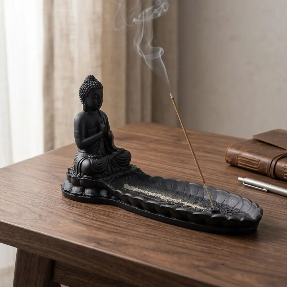 3D Printed Meditating Monk Incense Stick Holder Plastic Lotus Base Small Monk Incense Burner Simulated Ash-Catching