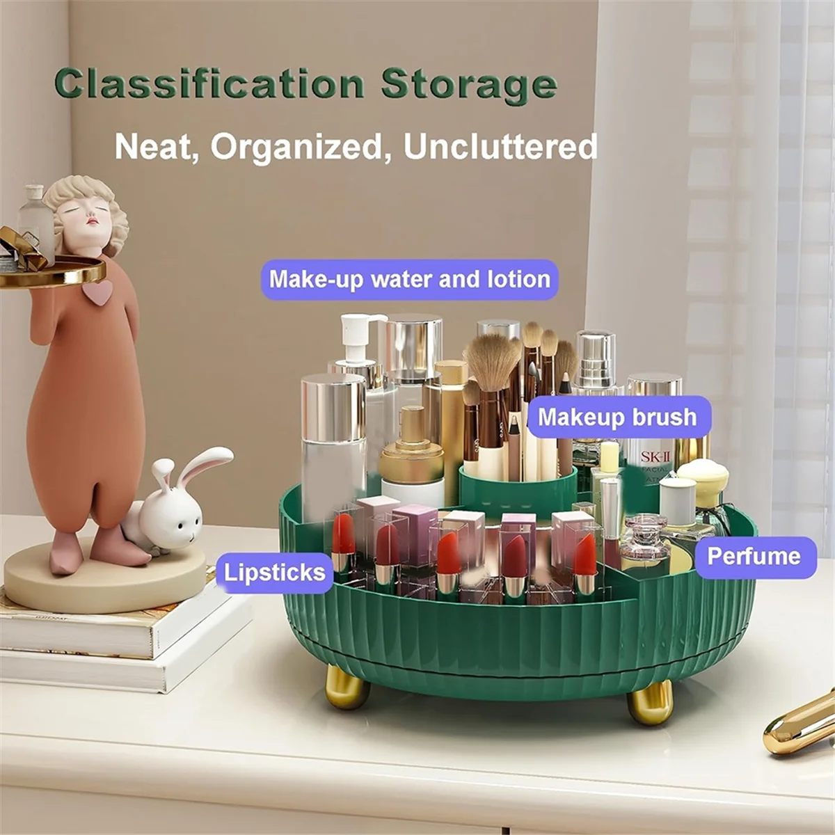 ที่จัดระเบียบเครื่องสำอางแบบหมุนได้สำหรับโต๊ะเครื่องแป้งที่จัดระเบียบในห้องน้ำและที่จัดระเบียบแบบขี้เกียจสำหรับจัดเก็บเครื่องสำอางน้ำหอม