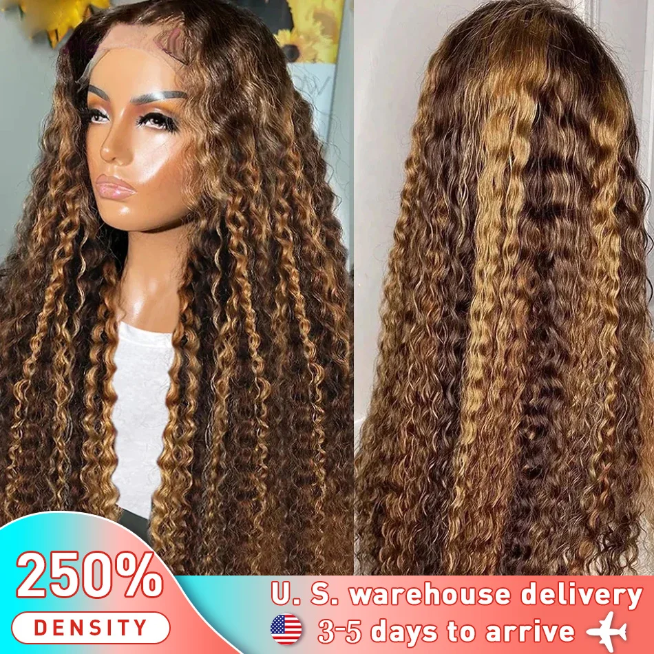 250 Density 30 Inch Highlight Honey Brown Curly Lace Front Human Hair Wigs 13x6 13x4 Ombre Colored Deep Wave Lace Frontal Wig