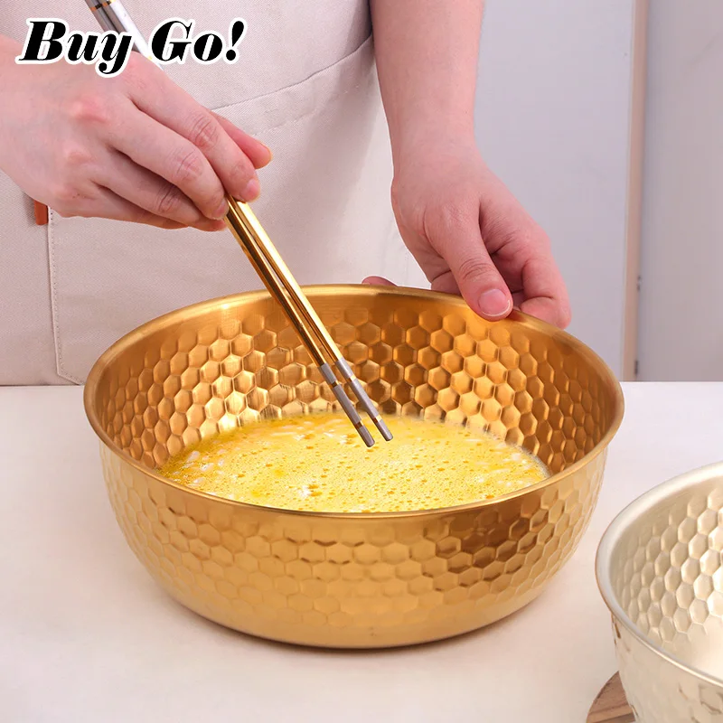 1Pc Golden Stainless Steel Fruit Salad Bowls Large Capacity Korean Style Food Container Soup Rice Noodle Kitchen Tableware