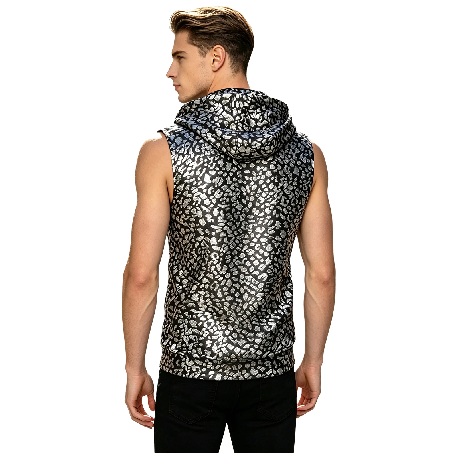 Men Women Metallic Leopard Hoodie Sleeveless Zipper Hooded Vest Top for Casual Daily Life Disco Hip Hop Party Club Rave Party