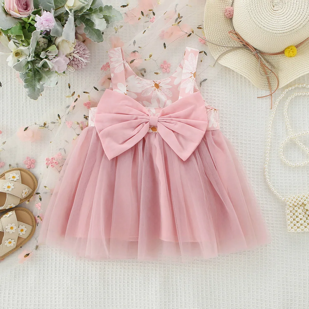 Summer 0-3 Baby Girl Dress Newborn Dress Small Chrysanthemum Children'S Clothing Bow Knot Mesh Sleeveless Clothes On The Back