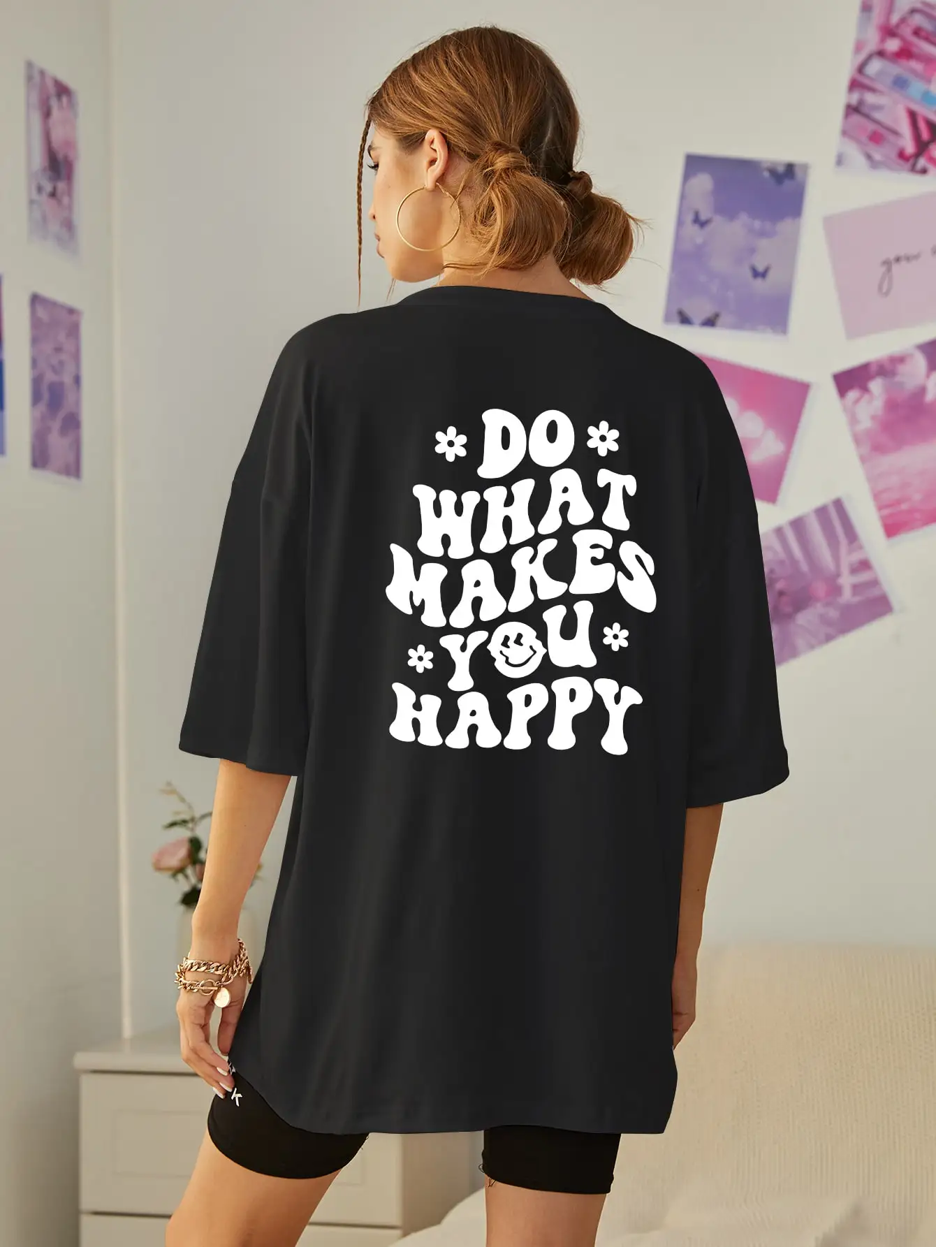 do what makes you happy slogan Letter Print Women T-Shirts O-Neck Breathable Short Sleeve Summer 100% Cotton Tshirt Hip Hop Tops