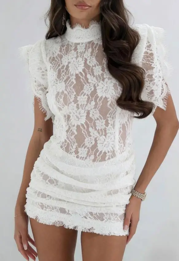 

Women's Dress 2026 Summer New Elegant Sexy Crochet Lace Patchwork Perspective Design High Neck Pleated Hip Hugging Dress
