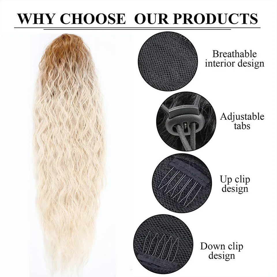 Synthetic Long Corn Wavy Ponytail Hairpiece 26inch 65cm Wrap Around Hair Clip in Black Ombre Blonde Hair Extensions Pony Tail