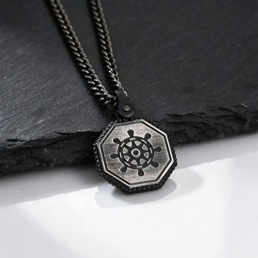 Vintage Engraved Ship Wheel Pendant Necklace for Men,Stainless Steel Geometric Tag Antiqued Necklace,Nautical Punk Jewelry Gift