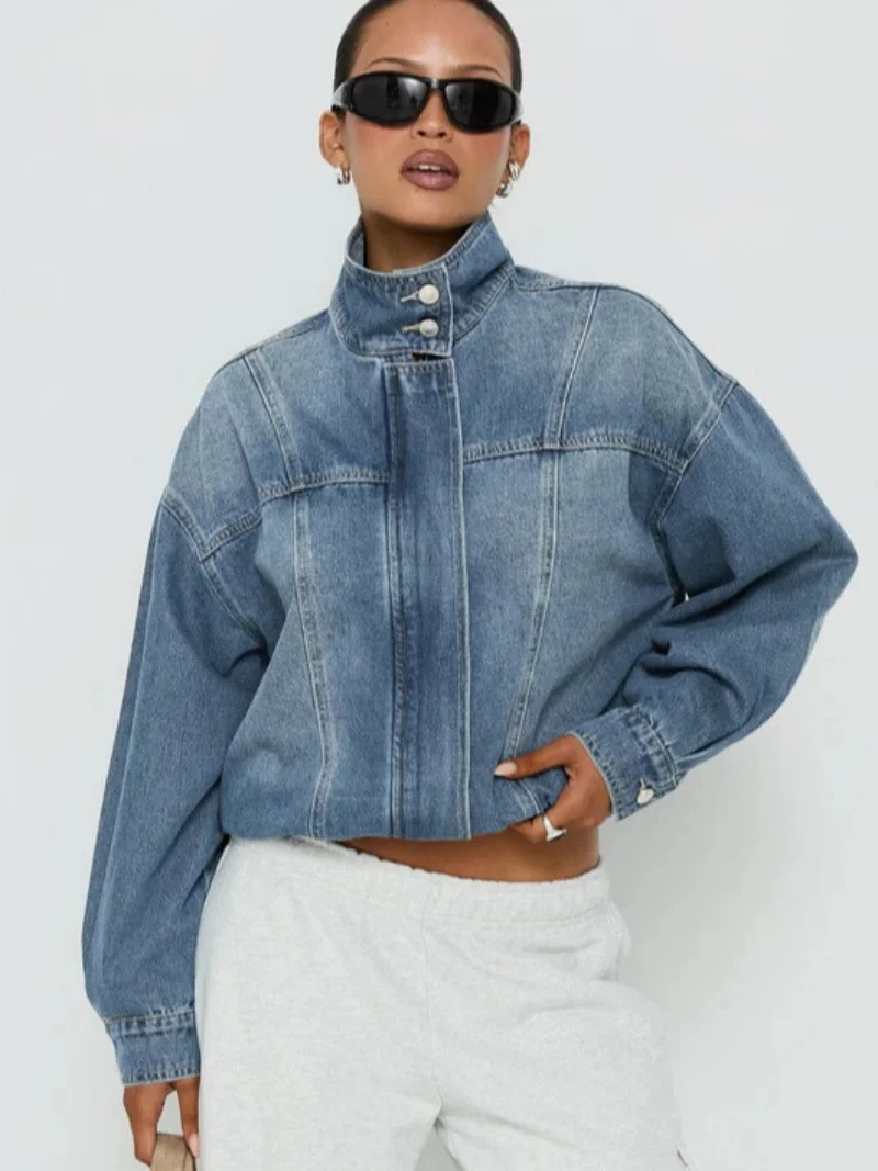 Women's Loose Wash Denim Long Sleeved Jacket Autumn 2026 American Retro Stand up Collar Fashionable Outerwear