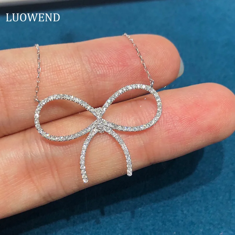 

LUOWEND 18K White Gold Necklace Romantic Bowknot Design 0.40carat Real Natural Diamond Pendant Necklace for Women Birthday Gift