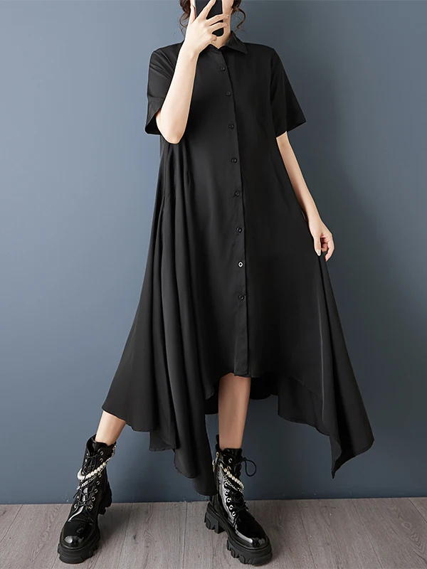 

Летнее новое платье больших размеров с плиссировкой, асимметричным подолом, коротким рукавом, в темном стиле, с завышенной талией, стандартной толщины, повседневное женское платье